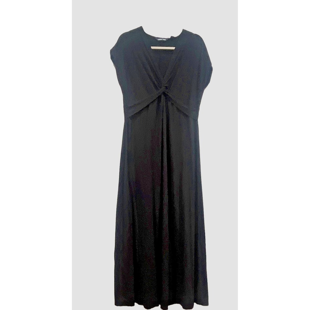 Lands End Womens Black Twist Front V-Neck Maxi Dress Cap Sleeve Medium 10-12